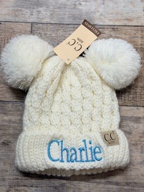Cream Knit C C Beanie DOUBLE POM PERSONALIZED WITH CHARLIE IN BLUE